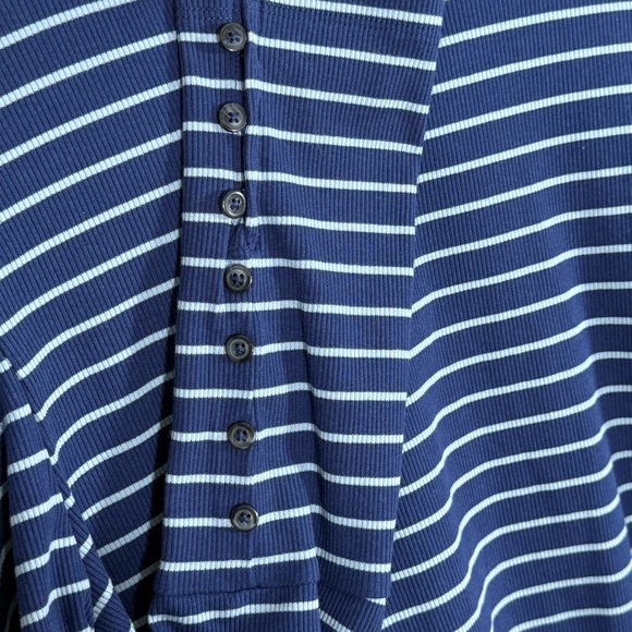 Maeve Anthropologie NWT Puff Sleeve Ribbed Striped Top Navy/Sky Blue Sz L - Picture 4 of 6